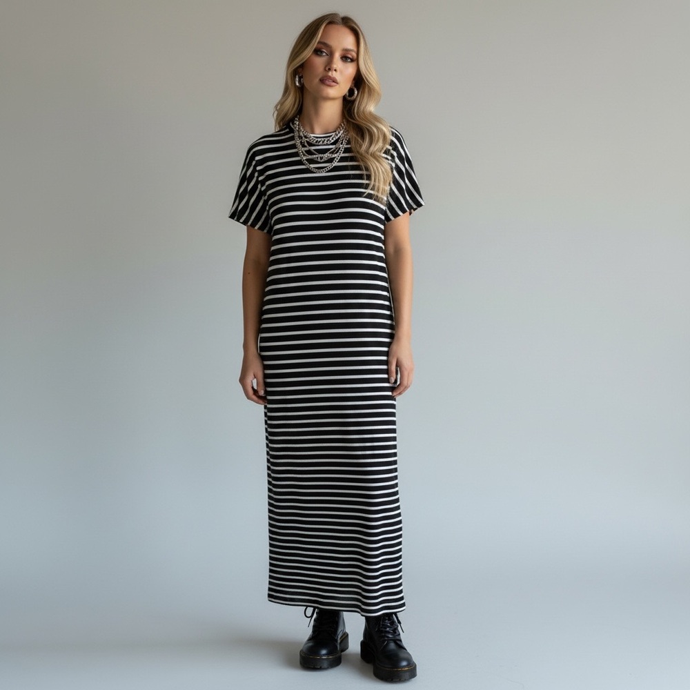 LulaRoe Maria Black Striped Pull On Stretch Knit Cap Sleeve Maxi Dress